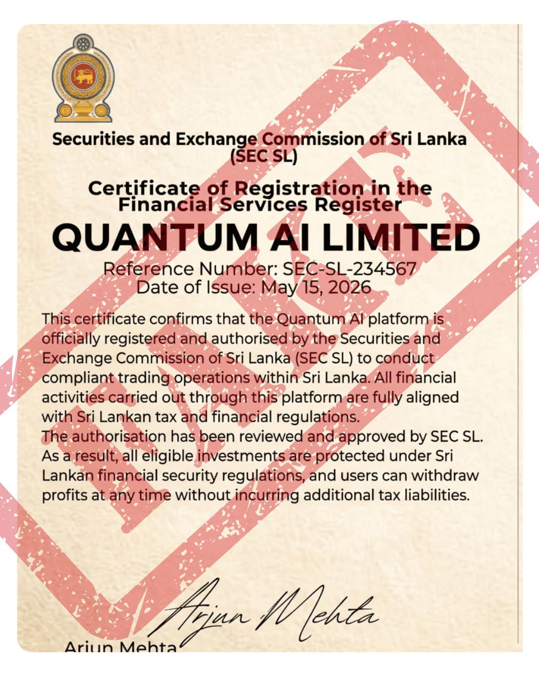SEC SL Urges Public Not to Invest Funds with Quantum AI Limited